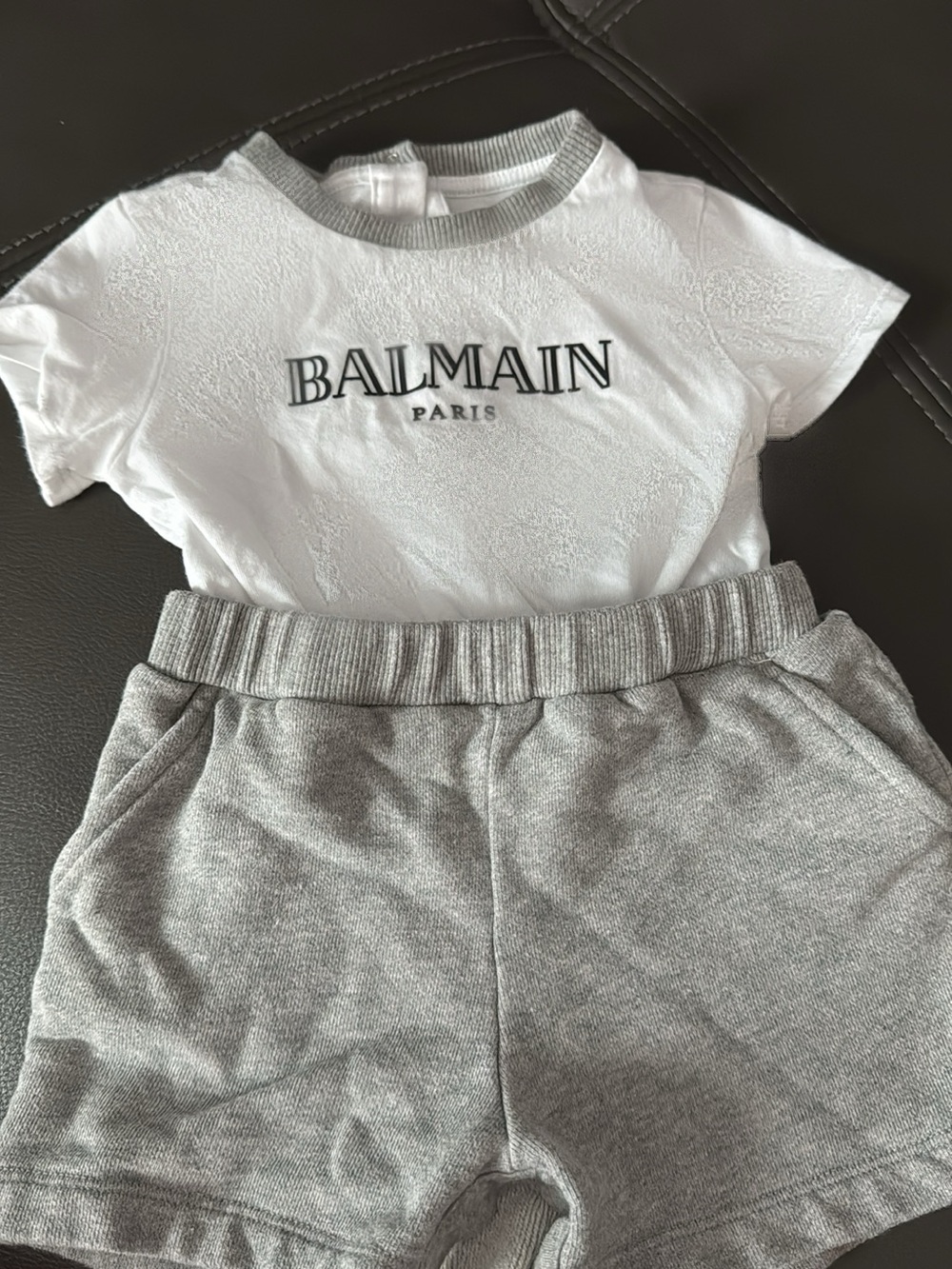 Balmain White Logo Tee with Gray Knit Shorts